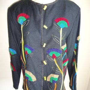 Womens Vintage 1990s Black Allure Jacket S Embroidery Flowers Lined Bead Buttons